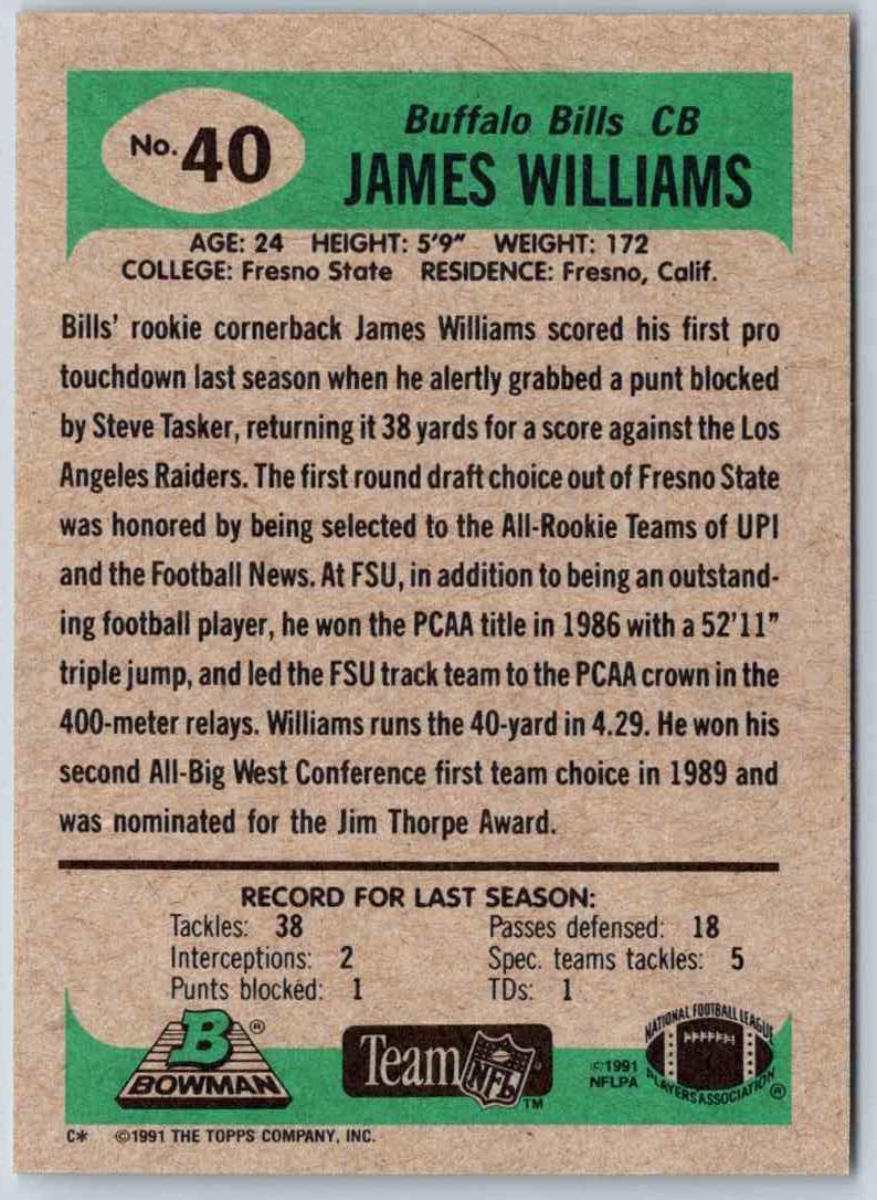 1991 Bowman Football James Williams