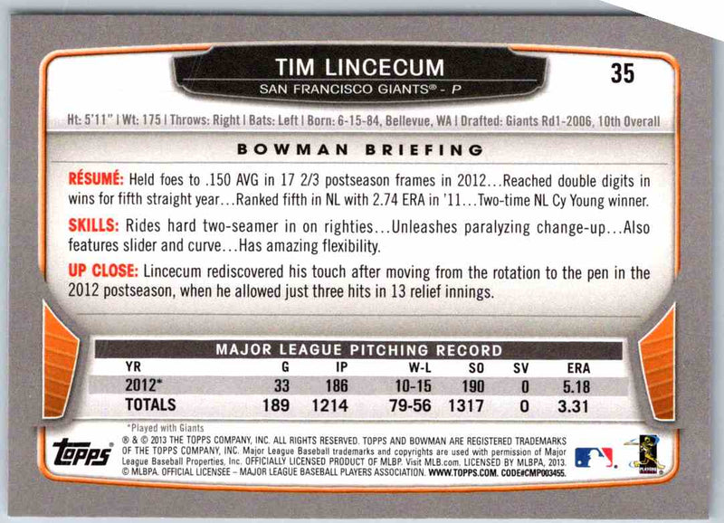 2013 Bowman Tim Lincecum