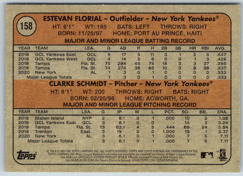 2021 Topps Heritage 2021 Rookie Stars - Yankees - Estevan Florial/Clarke Schmidt RC