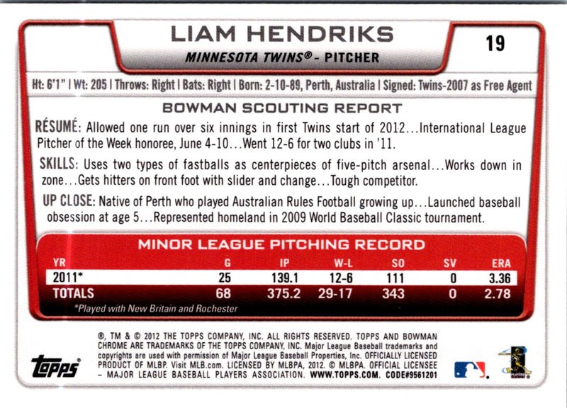 2012 Bowman Draft Picks & Prospects Chrome Liam Hendriks