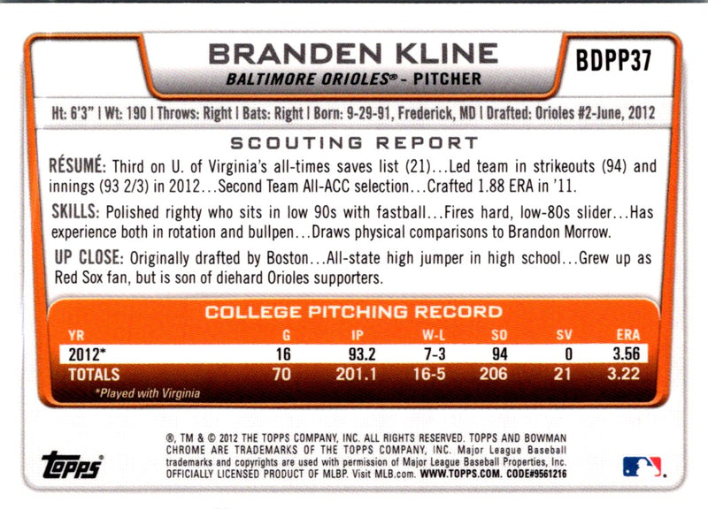 2012 Bowman Draft Picks & Prospects Chrome Branden Kline