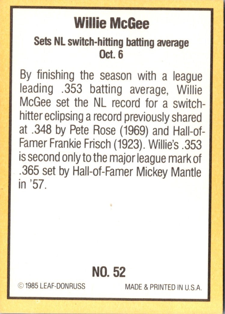 1985 Donruss Highlights Willie McGee