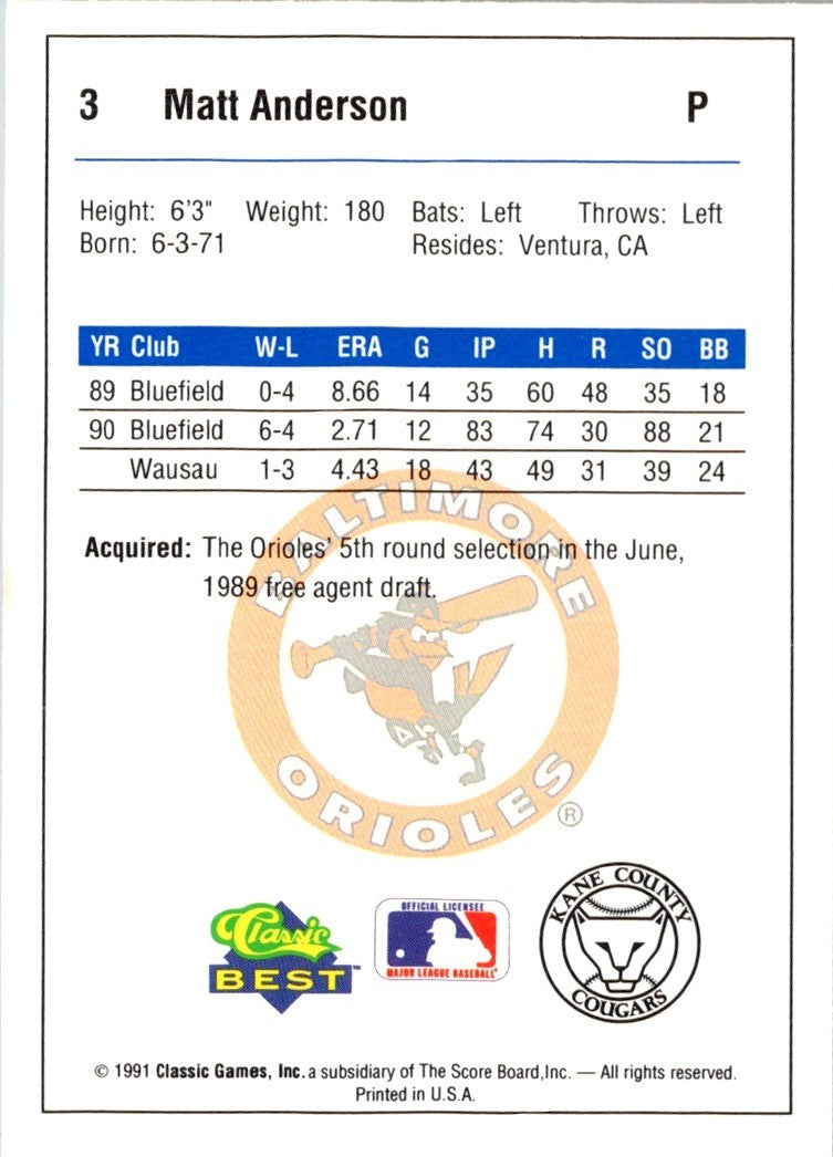 1991 Classic Best Kane County Cougars Matt Anderson
