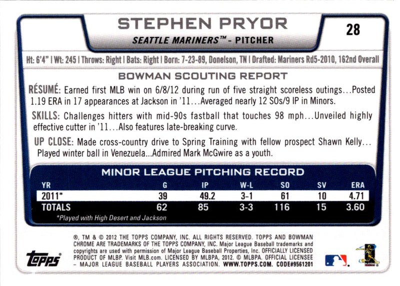 2012 Bowman Draft Picks & Prospects Chrome Stephen Pryor