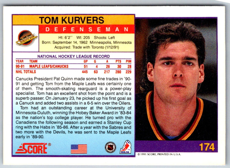 1991 Score American Tom Kurvers