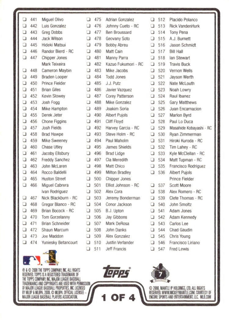 2008 Topps Checklists Retail Series 1 - Checklist 1