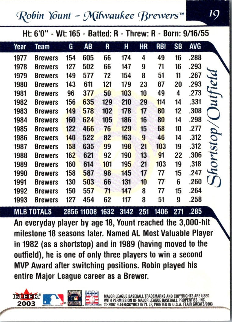 2003 Flair Greats Robin Yount