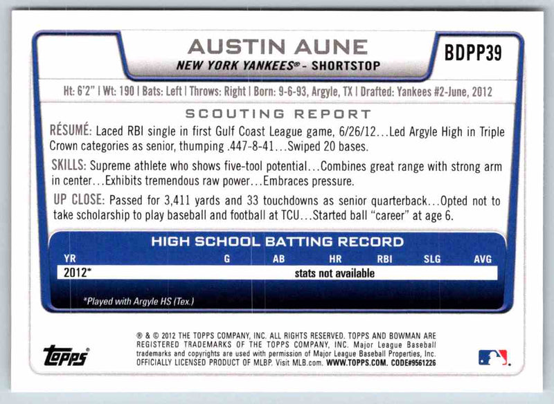 2012 Bowman Austin Aune