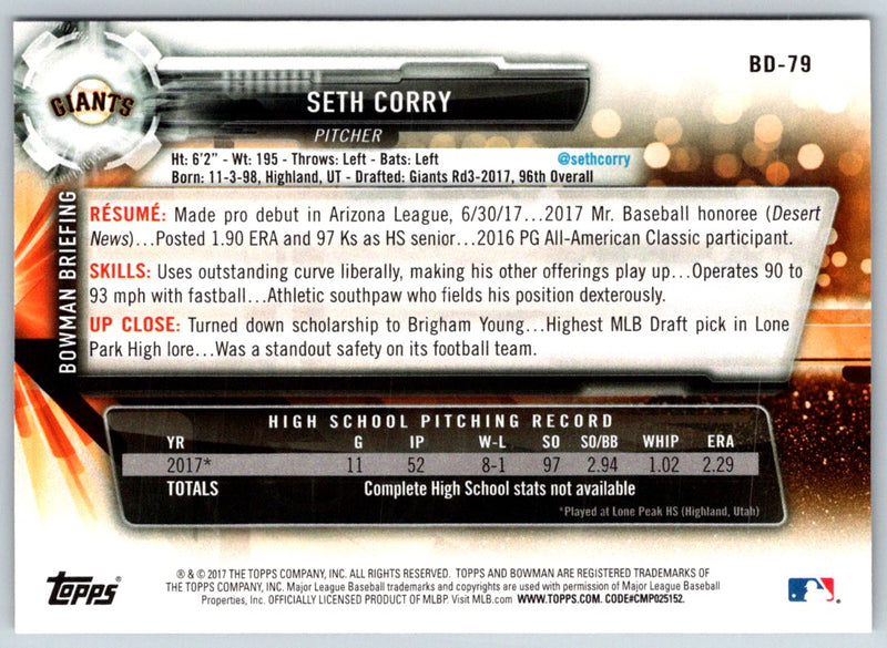 2017 Bowman Draft Seth Corry