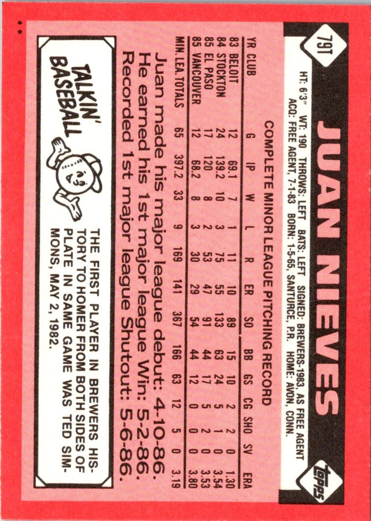 1986 Topps Traded Juan Nieves