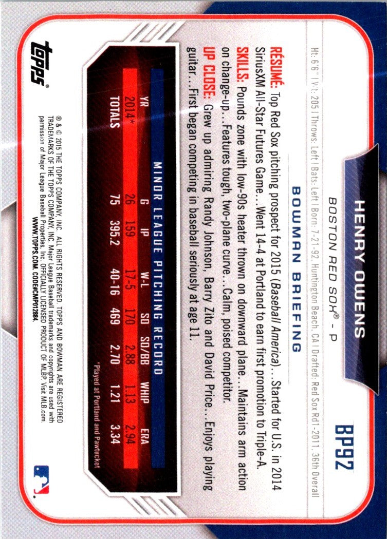 2015 Bowman Prospects Henry Owens