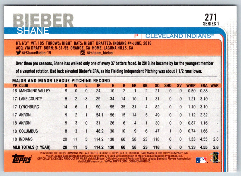 2019 Topps Shane Bieber