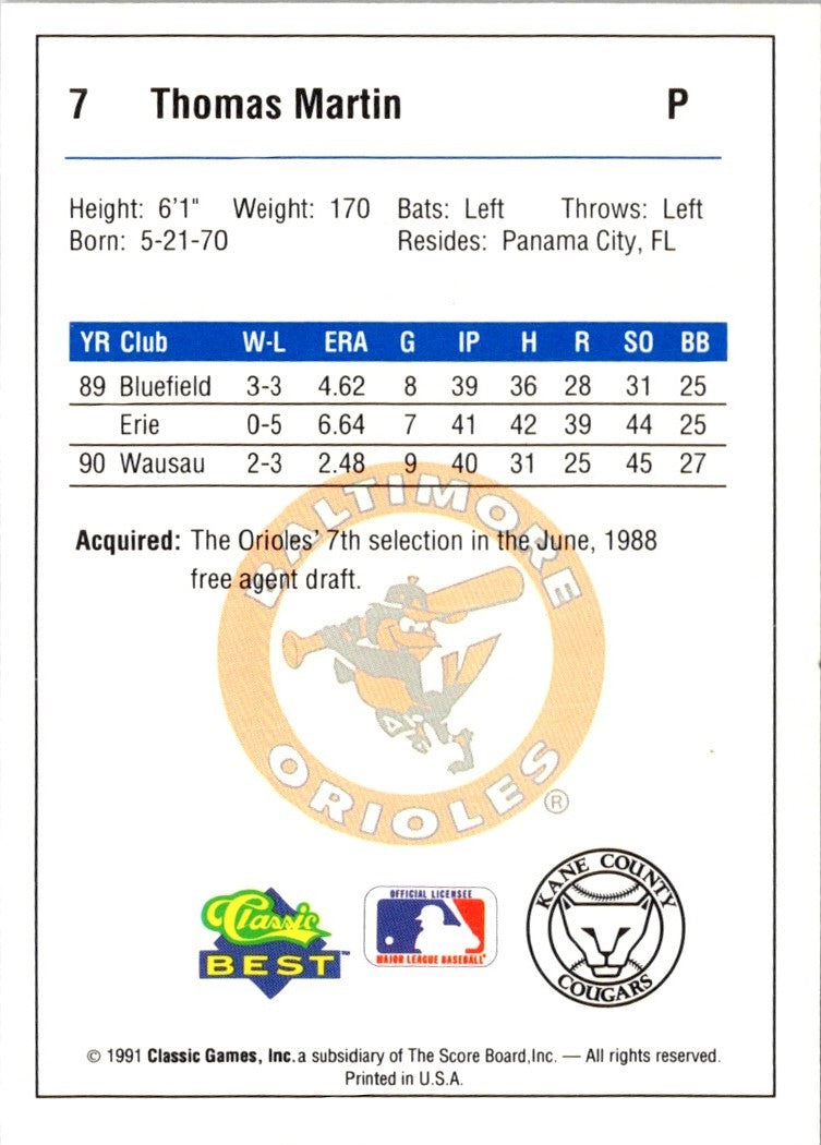 1991 Classic Best Kane County Cougars Thomas Martin
