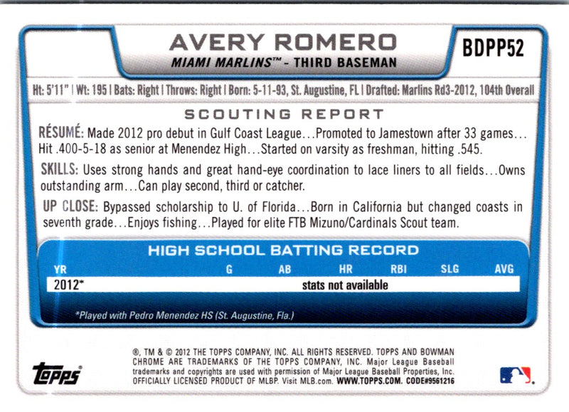 2012 Bowman Draft Picks & Prospects Chrome Avery Romero