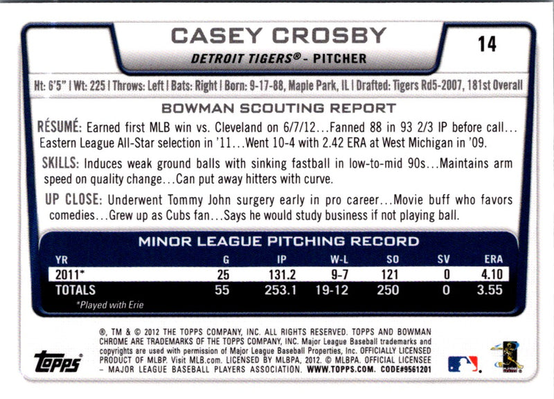 2012 Bowman Draft Picks & Prospects Chrome Casey Crosby