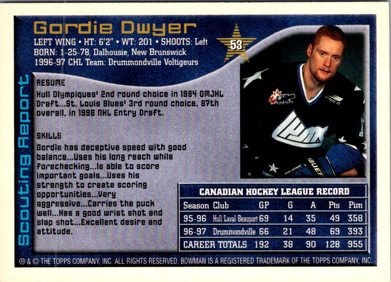 1997 Bowman CHL Gordie Dwyer