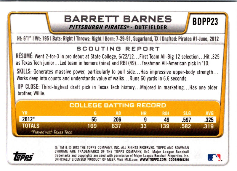 2012 Bowman Draft Picks & Prospects Chrome Barrett Barnes