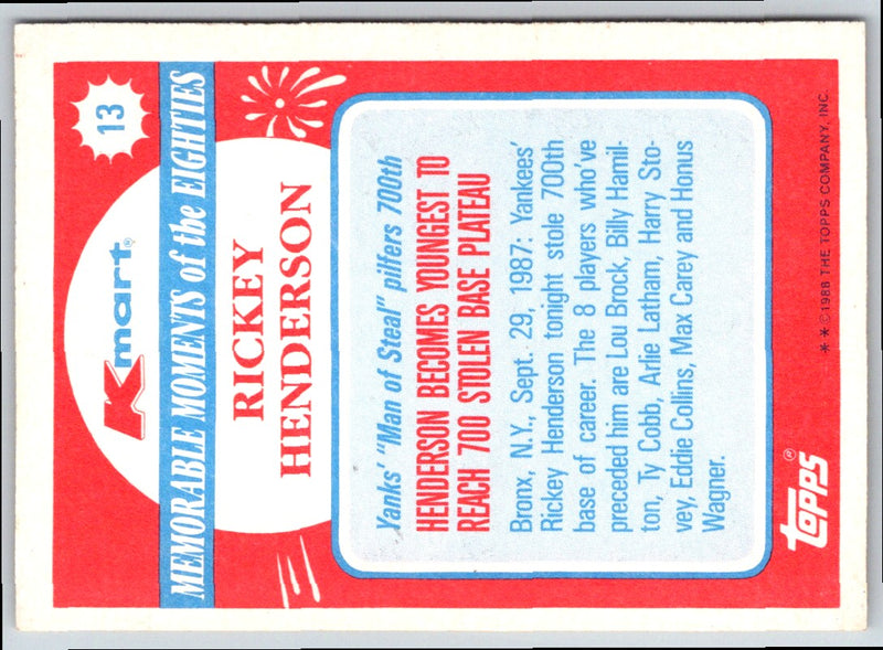 1988 Topps Kmart Memorable Moments Rickey Henderson