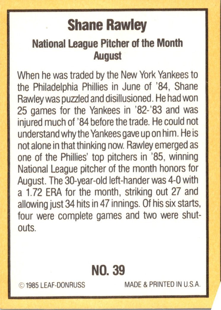 1985 Donruss Highlights Shane Rawley