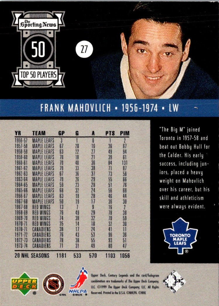 1999 Upper Deck Century Legends Frank Mahovlich