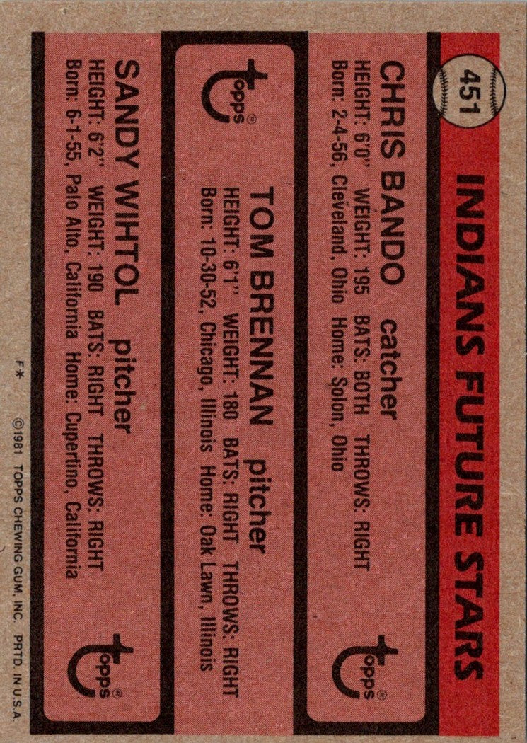 1981 Topps Indians Future Stars - Chris Bando/Tom Brennan/Sandy Wihtol