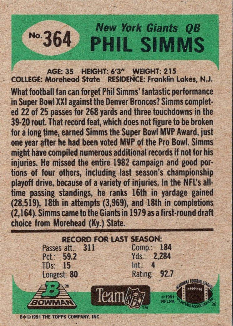 1991 Bowman Phil Simms