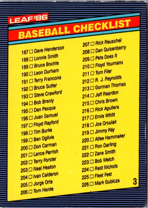 1986 Leaf Checklist 3 #NNO