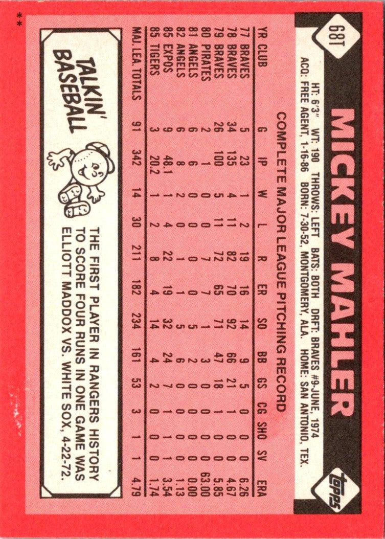 1986 Topps Traded Mickey Mahler