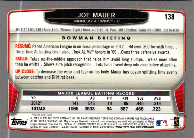 2013 Bowman Chrome Joe Mauer