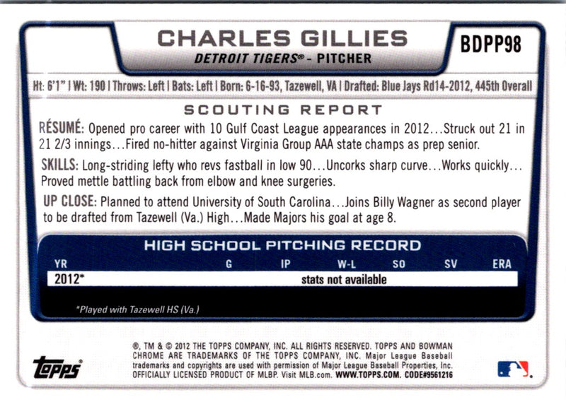 2012 Bowman Draft Picks & Prospects Chrome Charles Gillies