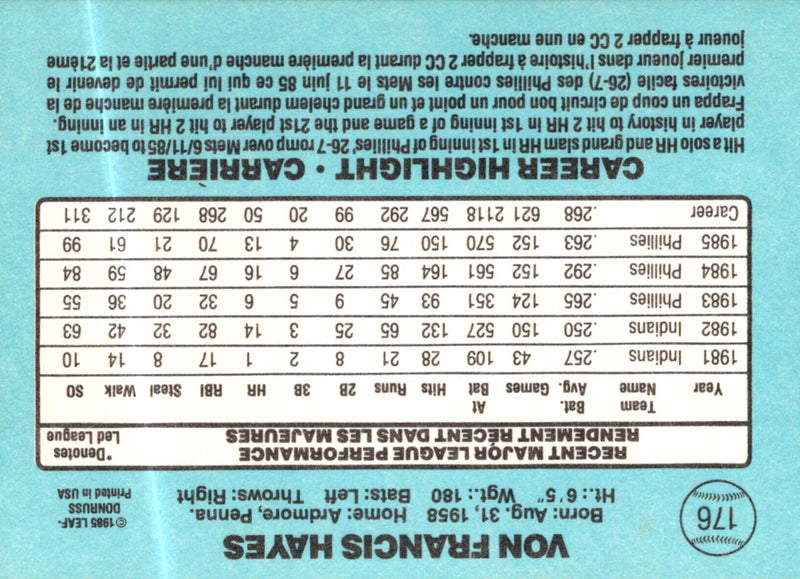 1986 Leaf Von Hayes