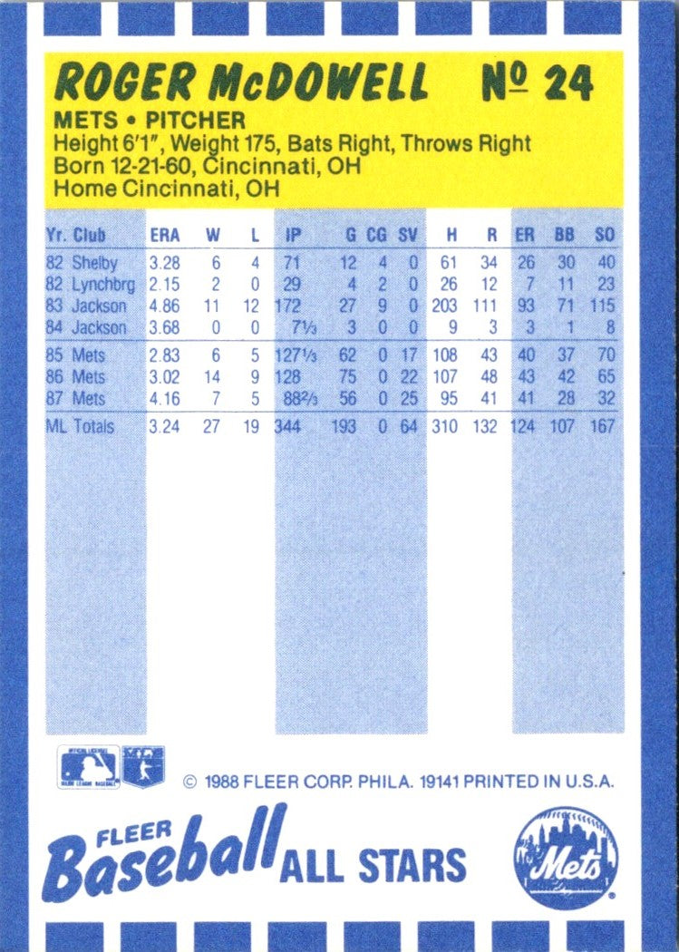 1988 Fleer Baseball All-Stars Roger McDowell