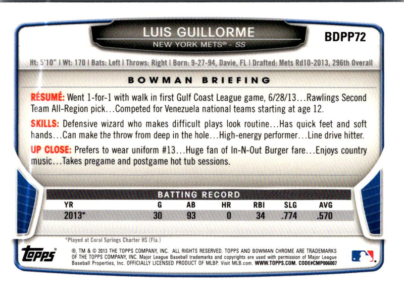 2013 Bowman Draft Picks & Prospects Chrome Luis Guillorme