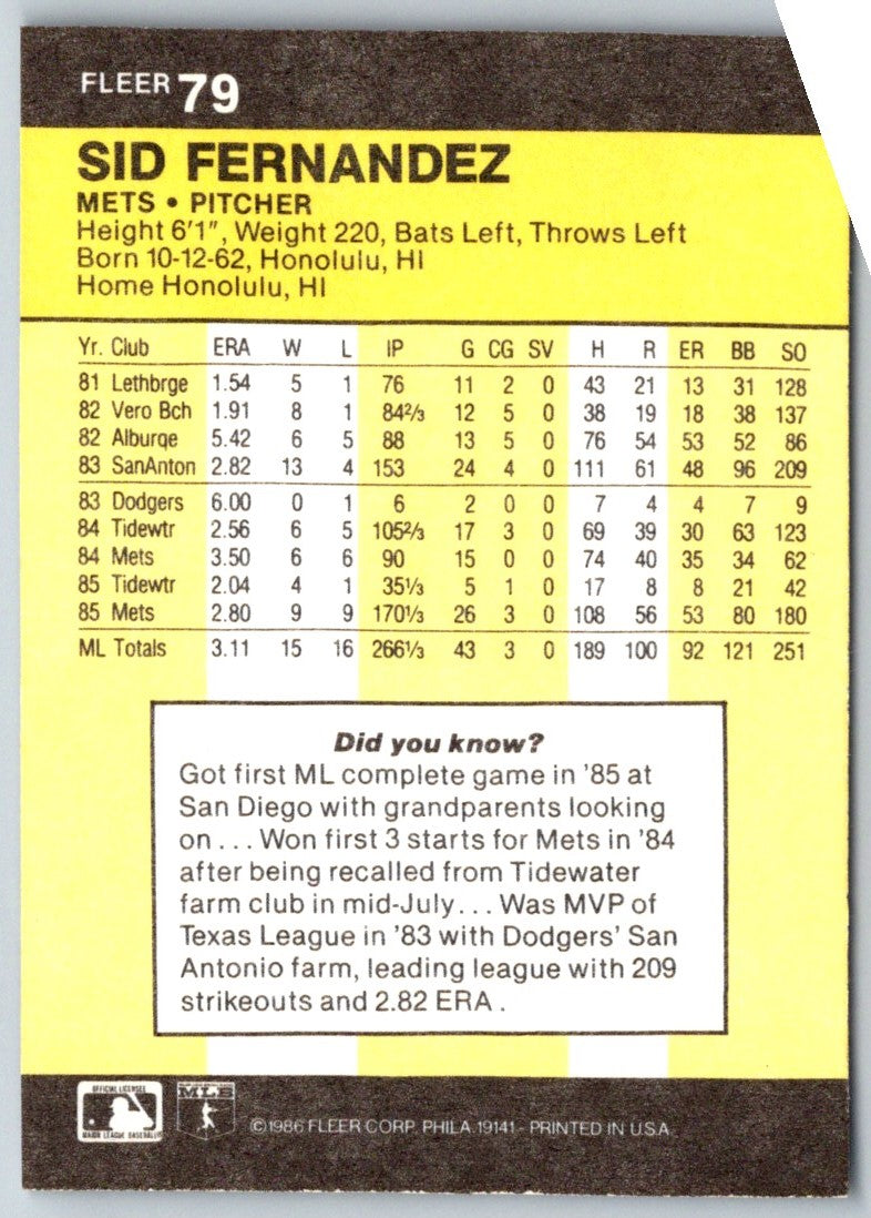 1986 Fleer Sid Fernandez