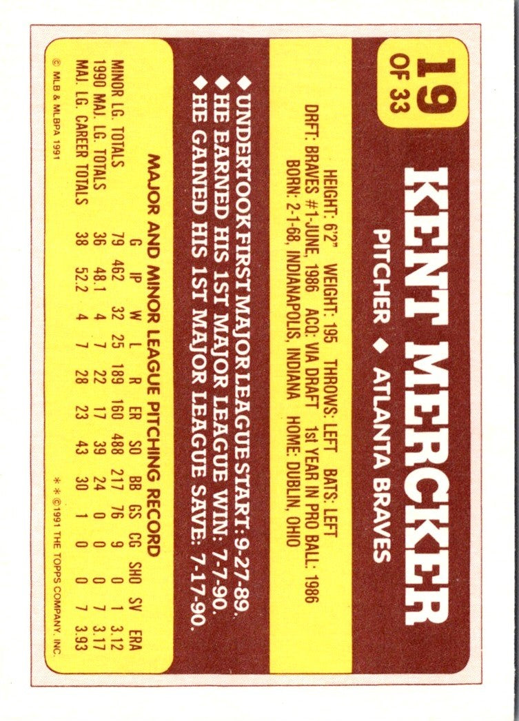 1991 Topps Toys'R'Us Rookies Kent Mercker