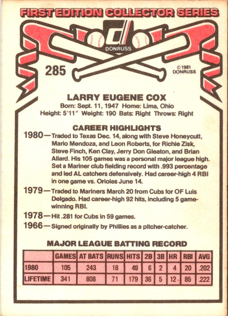 1981 Donruss Larry Cox