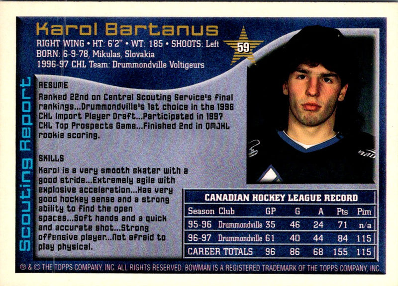 1997 Bowman CHL Karol Bartanus