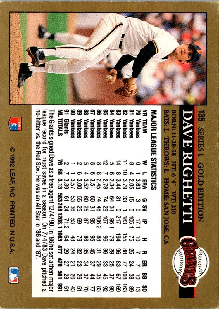 1992 Leaf Black Gold Dave Righetti