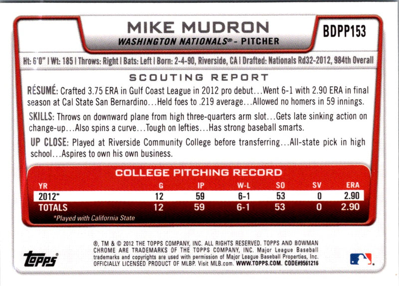 2012 Bowman Draft Picks & Prospects Chrome Mike Mudron