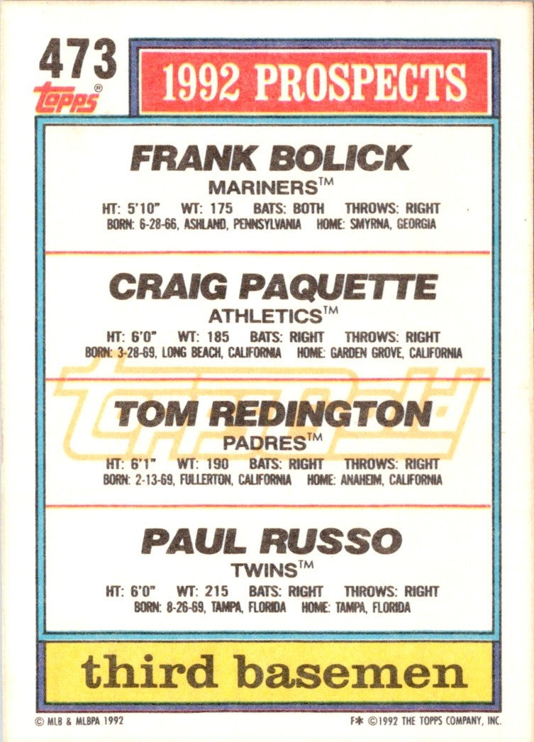 1992 Topps Frank Bolick/Craig Paquette/Tom Redington/Paul Russo