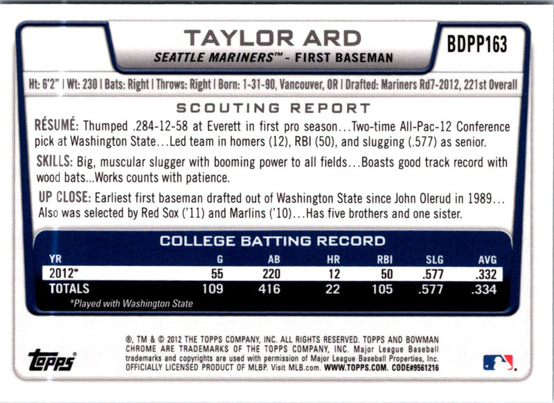 2012 Bowman Draft Picks & Prospects Taylor Ard