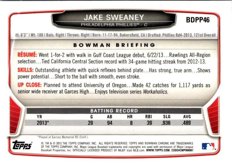 2013 Bowman Draft Picks & Prospects Chrome Jake Sweaney