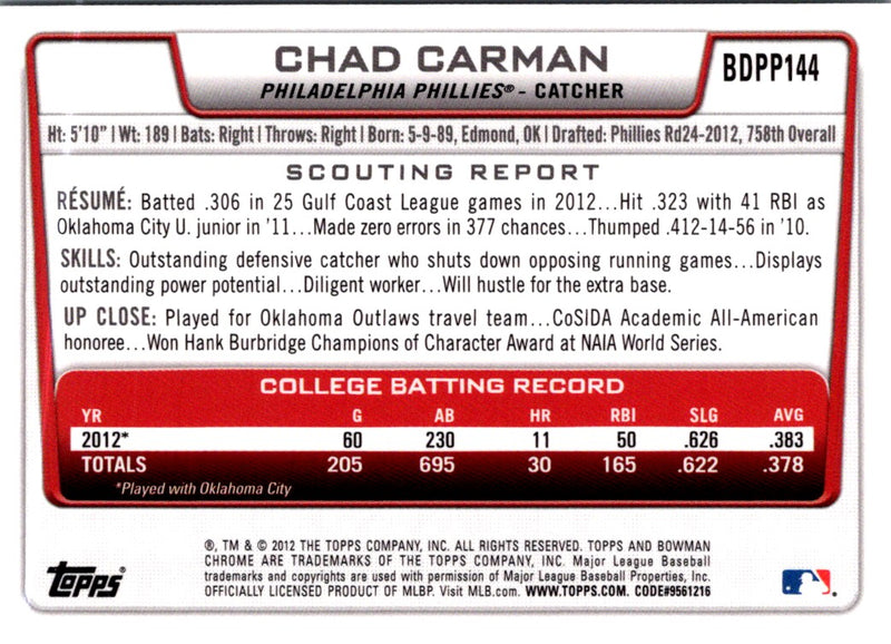 2012 Bowman Draft Picks & Prospects Chad Carman