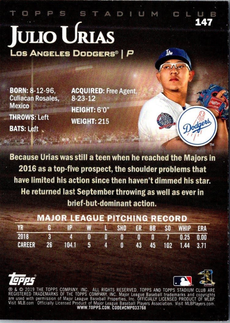 2019 Stadium Club Julio Urias