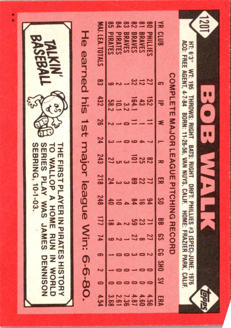 1986 Topps Traded Bob Walk