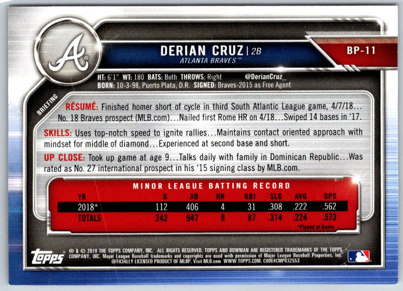 2019 Bowman Prospects Derian Cruz