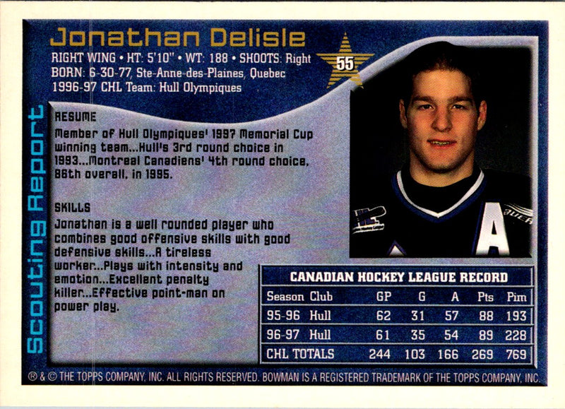 1997 Bowman CHL Jonathan Delisle