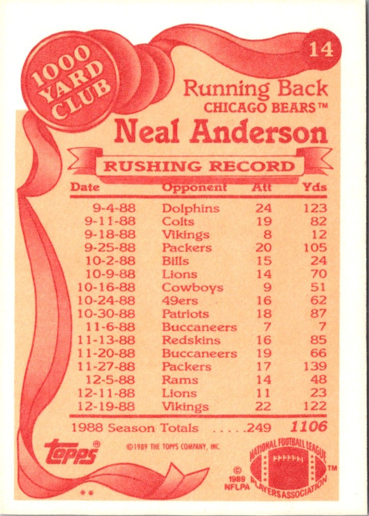 1989 Topps 1000 Yard Club Neal Anderson