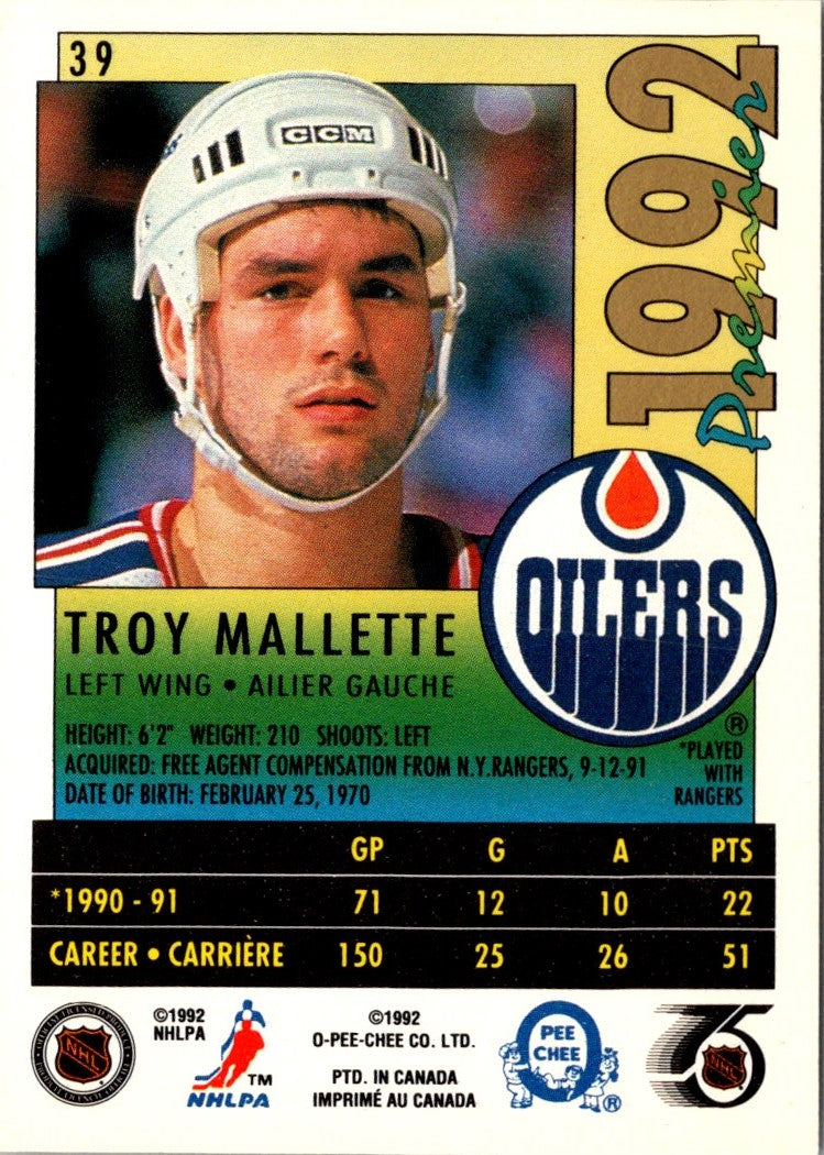 1991 O-Pee-Chee Premier Troy Mallette