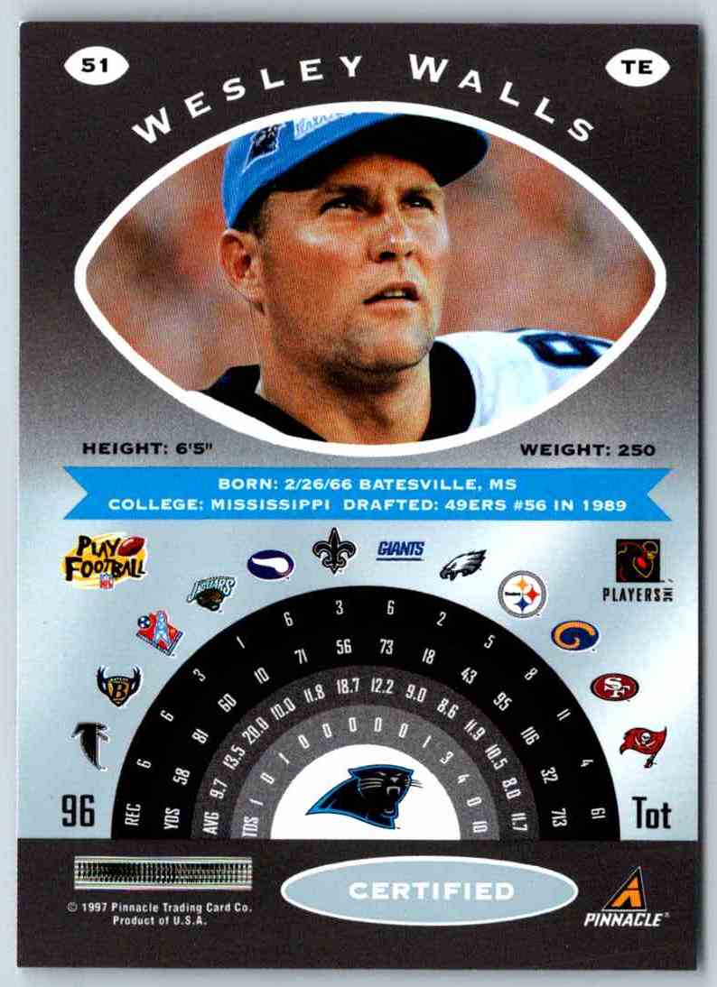 1997 Pinnacle Certified NFL Wesley Walls